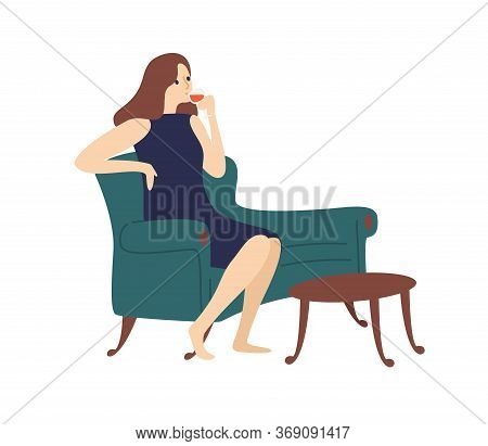 Elegant Woman Drinking Wine Sitting On Couch Vector Flat Illustration. Joyful Female Relaxing At Hom
