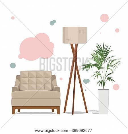 Elements Of A Modern Interior With A Chair, A Floor Lamp And A Decorative Howea Palm Tree. Vector Il