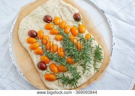 Home Made Gardenscape Focaccia Bread On A Table
