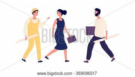 Architectural Business. Businesswoman And Engineers. Isolated Flat Woman Talk With Builder, Cartoon 
