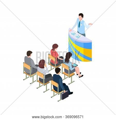 Business Training. Coach On Tribune, 3d People Learning Or Listen Presentation. Isometric Man Woman 