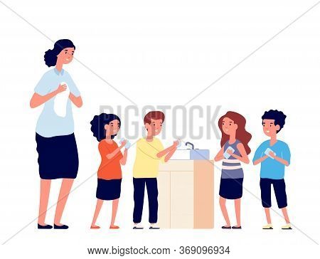 Children Washing Hands. School Kids Clean Dirty Hand In Sink. Virus Or Germs Protecting, Woman Girls