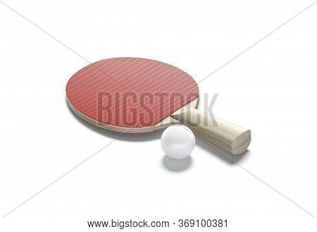 Blank Red Wood Table Tennis Racket With Ball Mockup, Isolated, 3d Rendering. Empty Rubber Paddle And