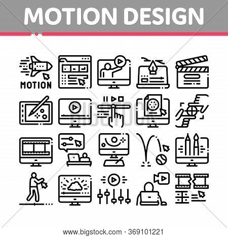 Motion Design Studio Collection Icons Set Vector. Movie Motion Redactor Programme On Computer Screen