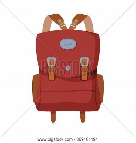 Brown Knapsack, Front View Of Travel Bag For Backpacking Flat Style Vector Illustration On White Bac