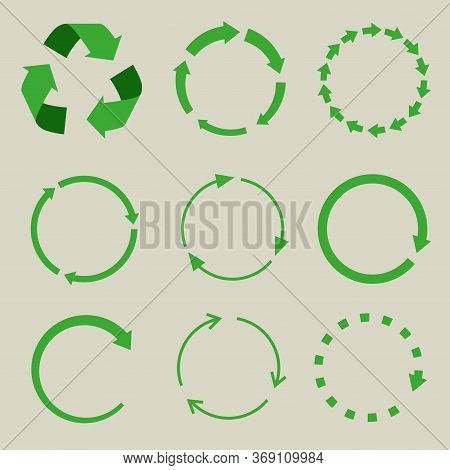 Recycled Symbol. Isolated Recyled Symbol Vector Set Of Arrows. Cycle Arrows Green Color.