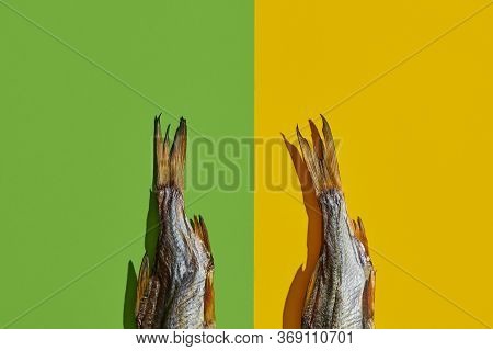 Two Dried Or Jerky Salted Taranka Tails, Palatable Clipfish Isolated On Yellow And Green Background.