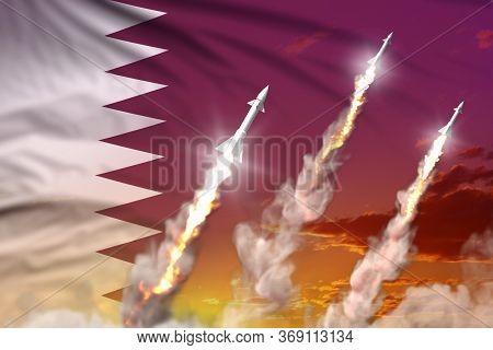 Qatar Nuclear Missile Launch - Modern Strategic Nuclear Rocket Weapons Concept On Sunset Background,