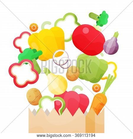Vector Illustration With Paper Bag With Fresh Organic Vegetables Isolated On White Background.