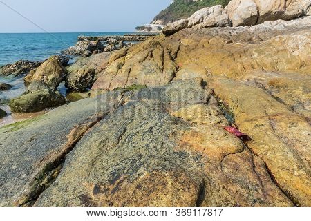 Rocks , Sea And Blue Sky -  Bangsaen Beach, Khao Sam Muk,  Chonburi. Thailand
