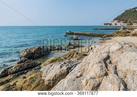 Rocks , Sea And Blue Sky -  Bangsaen Beach, Khao Sam Muk,  Chonburi. Thailand