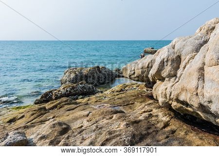 Rocks , Sea And Blue Sky -  Bangsaen Beach, Khao Sam Muk,  Chonburi. Thailand