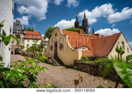 Fable Fairy Tale Meissen Old Town. Beautiful Albrechtsburg Castle. Old Orange Tiled Roof Buildings. 