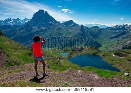 Hiking Woman Looking A Pic Du Midi Ossau In The French Pyrenees Mountains