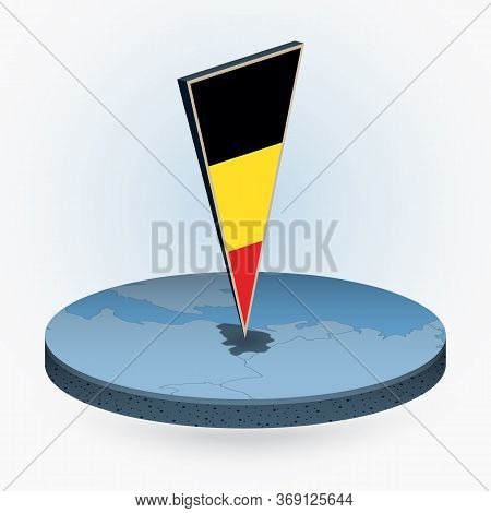 Belgium Map In Round Isometric Style With Triangular 3d Flag Of Belgium, Vector Map In Blue Color.