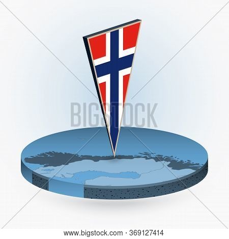 Norway Map In Round Isometric Style With Triangular 3d Flag Of Norway, Vector Map In Blue Color.
