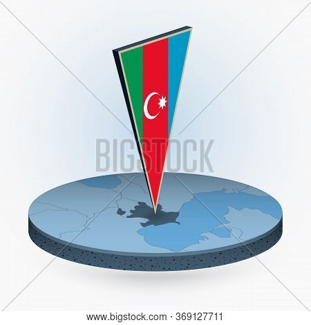 Azerbaijan Map In Round Isometric Style With Triangular 3d Flag Of Azerbaijan, Vector Map In Blue Co