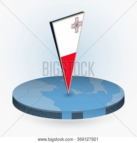 Malta Map In Round Isometric Style With Triangular 3d Flag Of Malta, Vector Map In Blue Color.