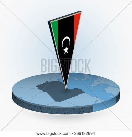 Libya Map In Round Isometric Style With Triangular 3d Flag Of Libya, Vector Map In Blue Color.