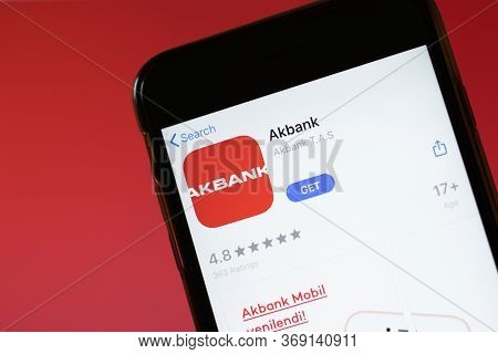 Moscow, Russia - 1 June 2020: Akbank App Mobile Logo Close-up On Screen Display, Illustrative Editor