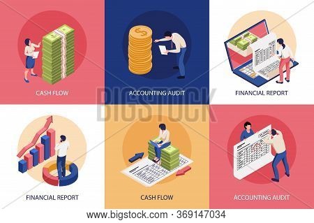 Isometric Accounting Design Concept 3x2 Set Of Square Compositions With Financial Icons And Characte