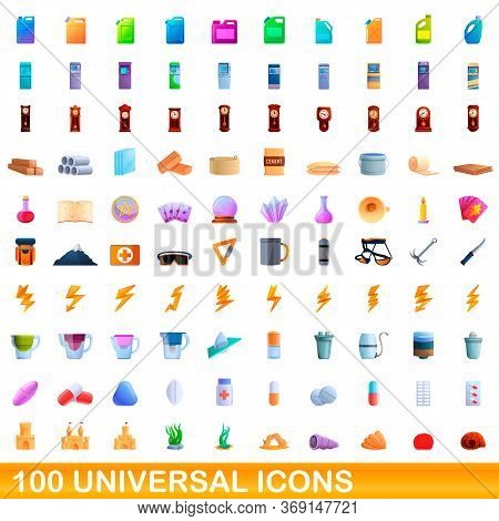 100 Universal Icons Set. Cartoon Illustration Of 100 Universal Icons Vector Set Isolated On White Ba