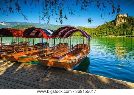 Traditional Touristic Wooden Pletna Boats In Row Moored At The Pier. Pletna Rowing Boat On The Beaut