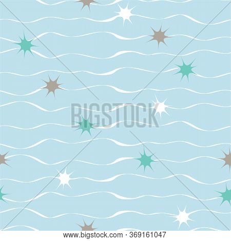 Vector Blue Repeat Pattern With White Waves And Blue, White And Brown Stars. Surface Pattern Design.