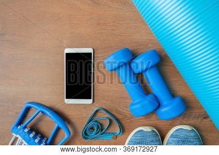 Two Dumbbells, Chesty Expanders, Measure Tape, Sneakers, Phone And Exercise Yoga Mat At Home. Blue C