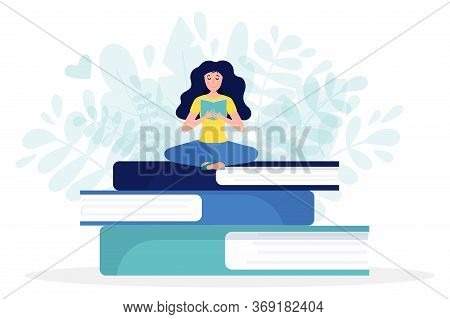 Tiny Woman Reading Book, Sitting On Stack Of Giant Books. Concept Of Book Festival, Letirature Event