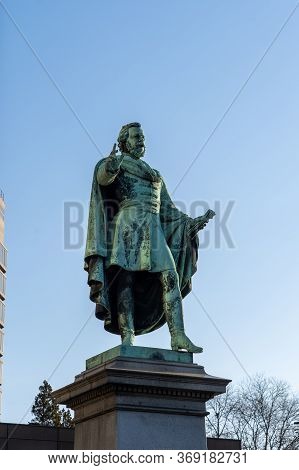 Budapest, Hungary - Feb 8, 2020: Bronze Statue Of Baron Jozsef Eotvos On The Street