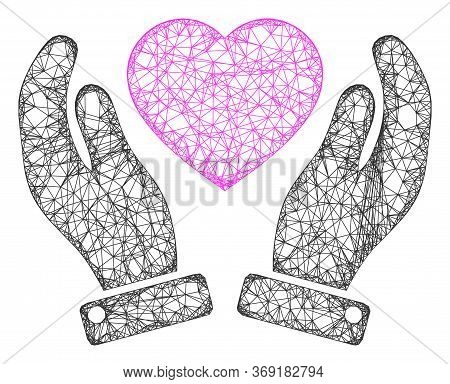 Web Net Valentine Heart Care Hands Vector Icon. Flat 2d Carcass Created From Valentine Heart Care Ha