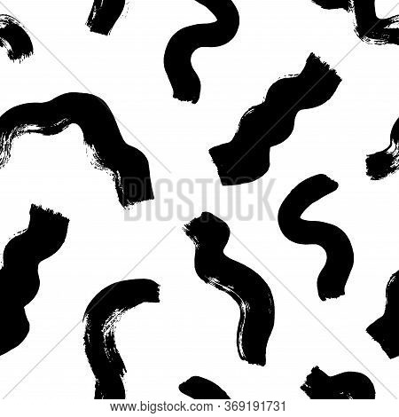 Rough Wavy Brushstrokes Hand Drawn Vector Seamless Pattern. Scattered Dirty Waves, Curved Black Ink 