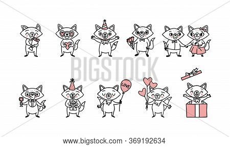 Cute Doodle Vector Foxes, Hand Drawn Big Set Of Funny Animals. Cartoon Characters For Holidays Stick