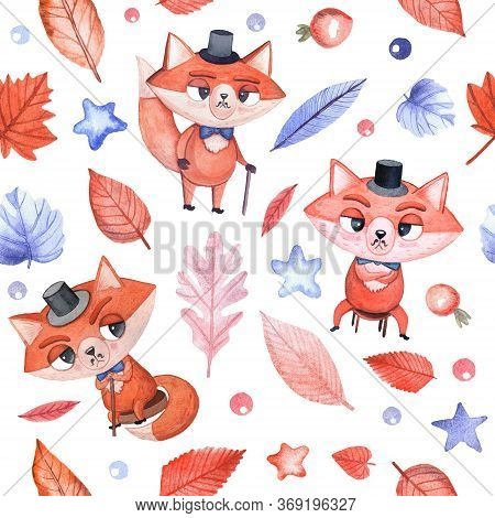 Childrens Seamless Watercolor Pattern With A Fox For Baby Boys, Little Gentlemen And Hipsters On A W