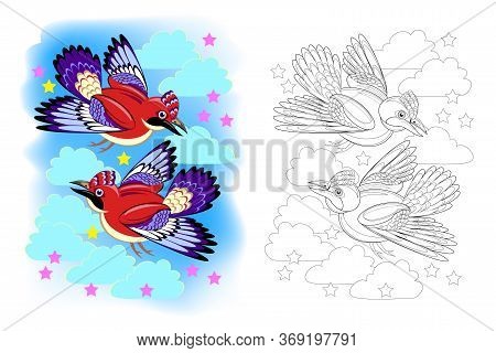 Colorful And Black And White Page For Coloring Book For Kids. Illustration Of Two Cute Flying Jay Bi