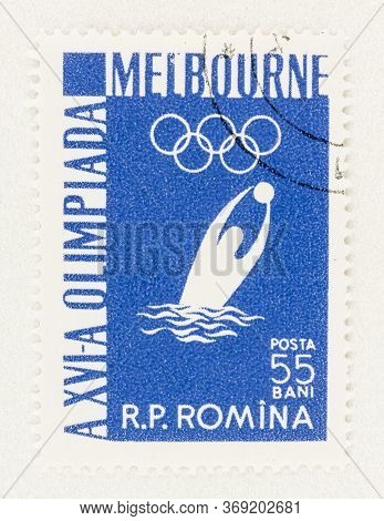 Seattle Washington - May 27, 2020:  Water Polo Player On Romanian Stamp, Commemorating The 1956 Summ