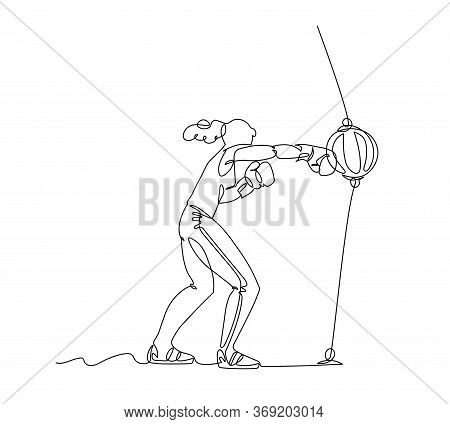 A Girl In Sportswear And Boxing Gloves Hits Right Hook On A Leather Pneumatic Speed Ball, Vector Ill