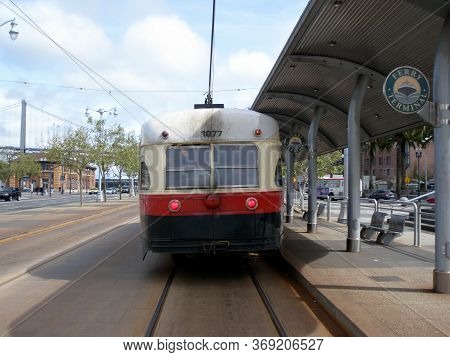 San Francisco - May 4, 2009: F-line Number 1077, Built 1947,  Parked At The Ferry Terminal, This Car