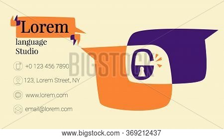 Vector Flat Business Card And Picture Abstract Background Of Logo Language School In Form Intersecti