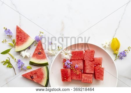 Colorful Fresh Fruits Watermelon Healthy Foods For Health Care With Purple Flowers ,jasmine In Dish 