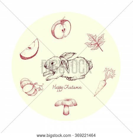 Autumn Animal, Illustration Hand Drawn Of Bunny Rabbit With Apples, Maple Leaf, Carrot, Mushroom And