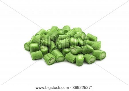 Raw Organic Yard Long Bean Chopped On White Isolated Background In Closeup Macro Concept. Fresh Yard