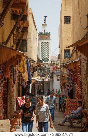 Fez, Morocco - May 31, 2017: Unknown People In Medina Quarter Of Fez. The Medina Of Fez Is Listed As