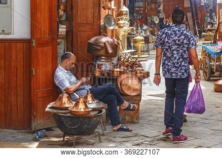 Fez, Morocco - May 31, 2017: Unknown People In Market In Medina Quarter Of Fez. The Medina Of Fez Is