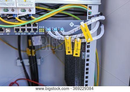 Russia, Saint-petersburg - April 30, 2018: Inside Part Of Climatic Vandal-proof Cabinet With Microwa