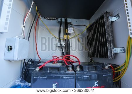 Russia, Saint-petersburg - April 30, 2018: Inside Part Of Climatic Vandal-proof Cabinet With Microwa