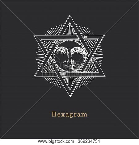 Pentagram And Sun, Vector Illustration In Engraving Style. Vintage Pastiche Of Esoteric And Occult S