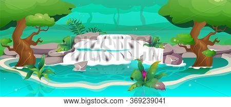 Jungle Flat Color Vector Illustration. Waterfall In Oasis. Exotic Forest. Travel To Relax Near Water
