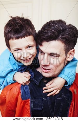Faher And Son Together Having Fun At Home, Lifestyle Happy Family, People At Home